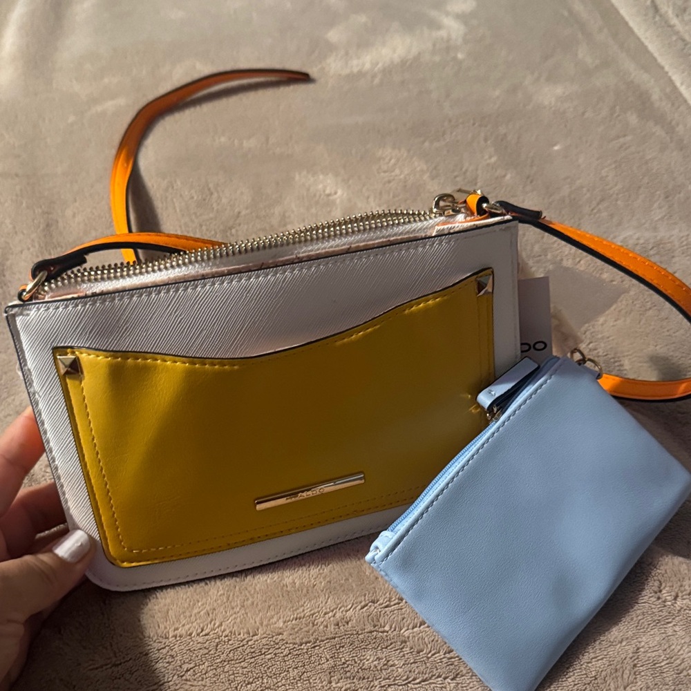 Aldo White and Yellow Crossbody Bag with Blue Pouch